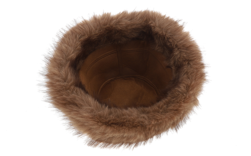 Faux fur buckethat Tux in taupe, ondersteboven, met zicht op de gladde binnenkant