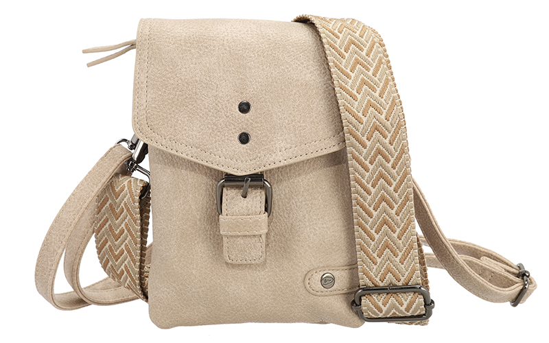 Telefoontasje Lakewood van PU in taupe, voorkant met de geweven band over de flap