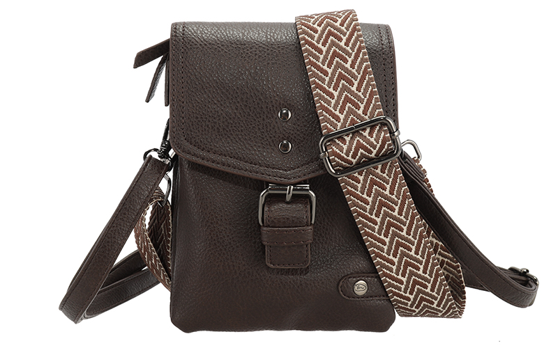 Telefoontasje Lakewood van PU in chocoladebruin, voorkant met de geweven band over de flap