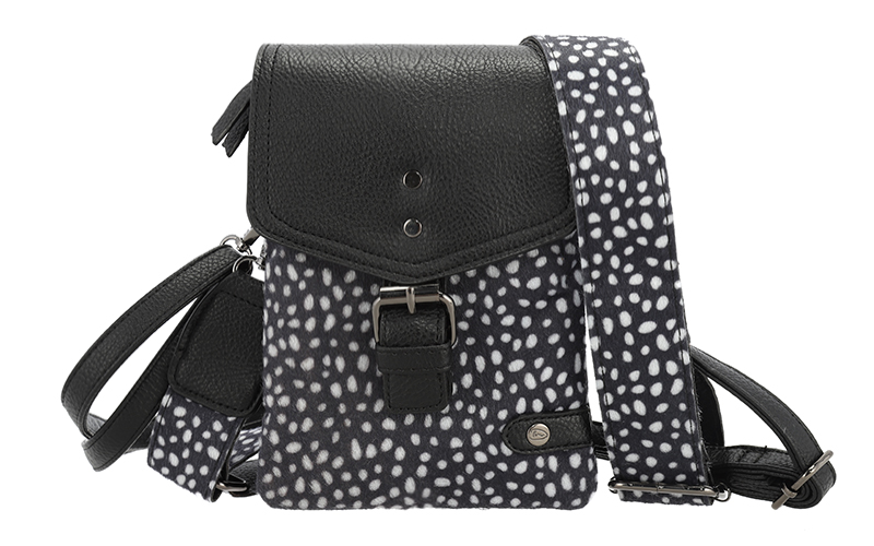 Telefoontasje Lakewood van PU in zwart met polkadots, voorkant met de brede band over de flap