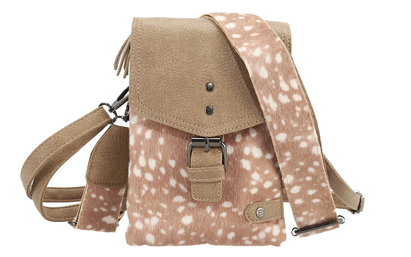 Telefoontasje Lakewood van PU in taupe met bambiprint, voorkant met de brede band over de flap