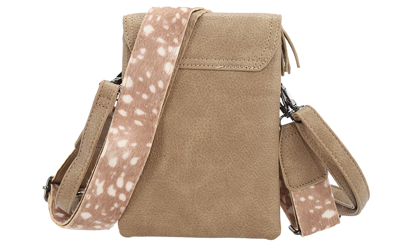 Telefoontasje Lakewood van PU in taupe met bambiprint, achterkant met de brede band