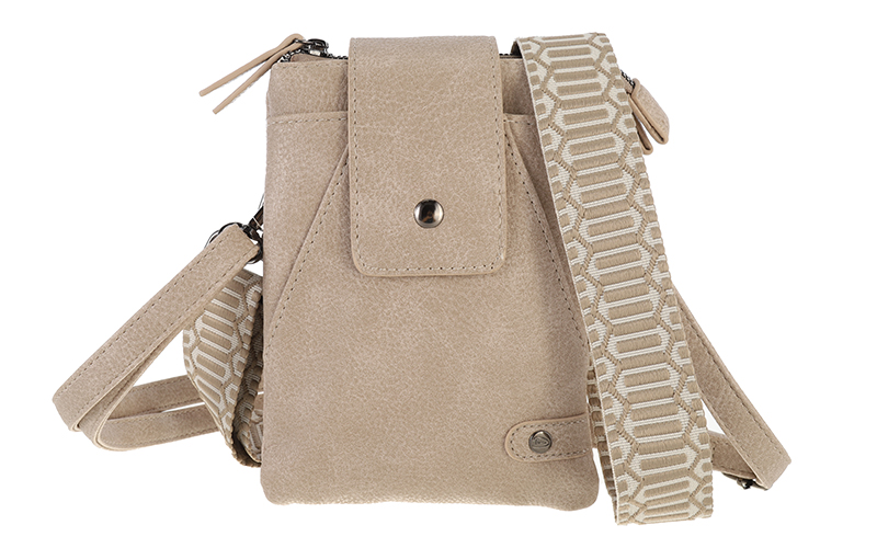 Taupe crossbody en telefoontasje Horton in gebruik