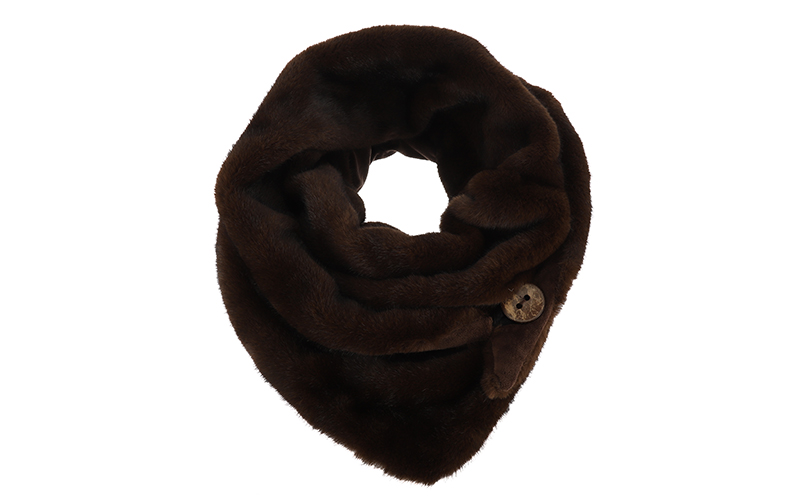 Faux fur driehoeksjaal Legno in donkerbruin, van bovenaf, met knoop en lus