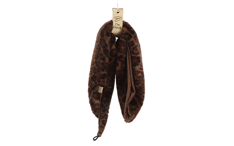Faux fur driehoeksjaal Legno met bruine panterprint, hangend, volledige lengte